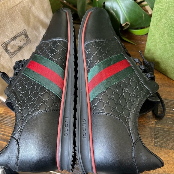 ❗️SOLD❗️GUCCI MicroGuccisima GG Web Detail  Black Leather Sneakers US14.5 - Picture 12 of 14
